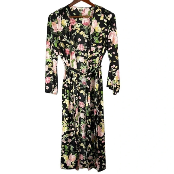 BLEUH CIEL Floral Kimono Style Open Tied Robe Satin Side Slits Size S - Picture 2 of 12